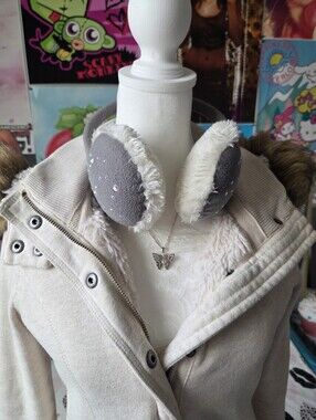 2000s y2k grey fuzzy earmuffs with rhinestones